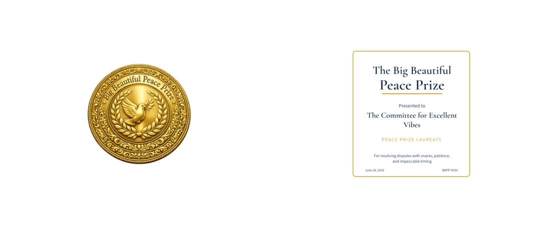 Sample mug artwork showing the Big Beautiful Peace Prize seal and personalized prize text