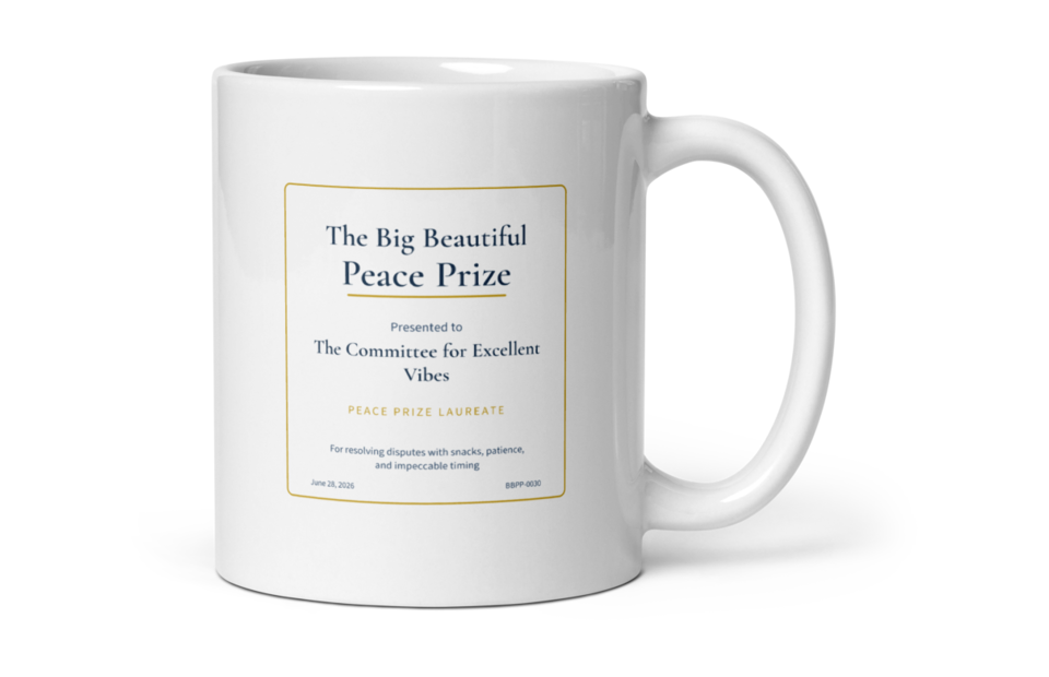 Printful sample mockup of a white mug showing a personalized Big Beautiful Peace Prize